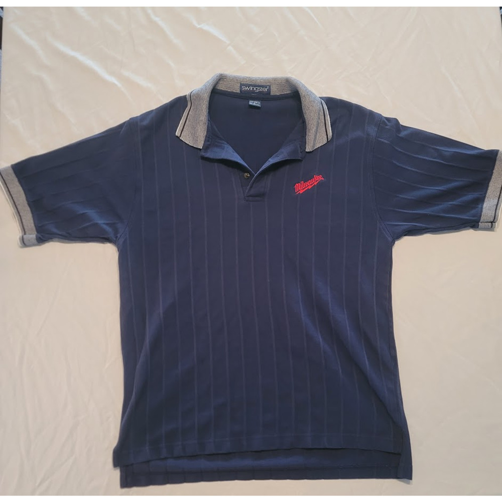 Vintage Swingster Milwaukee Polo Shirt Men’s Large Navy Blue Striped Retro